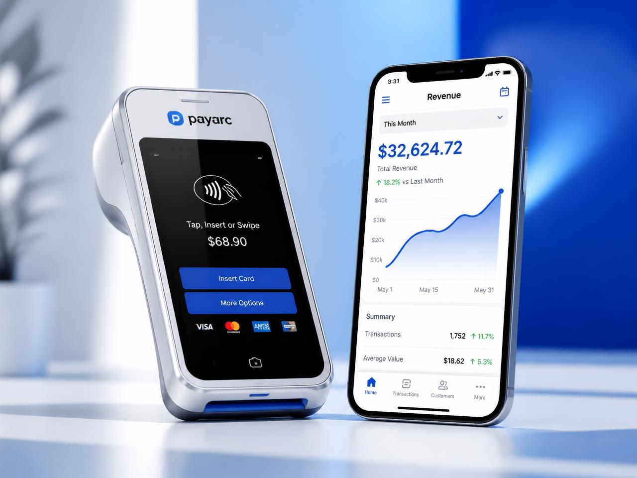Payment terminal and phone showing rising revenue