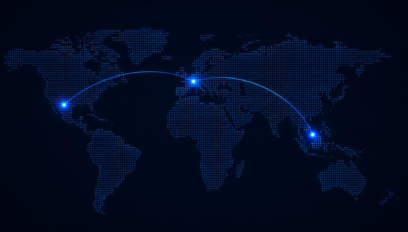 World map with connected BridgeOne nodes